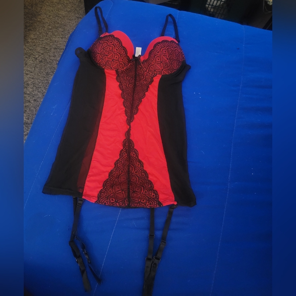 Jezebel Red and Black Lace Chemise with Garters